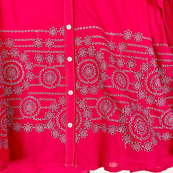 Johnny Was 3J Workshop Embroidered Eyelet Button Up Size Large Red Cotton - Picture 3 of 6